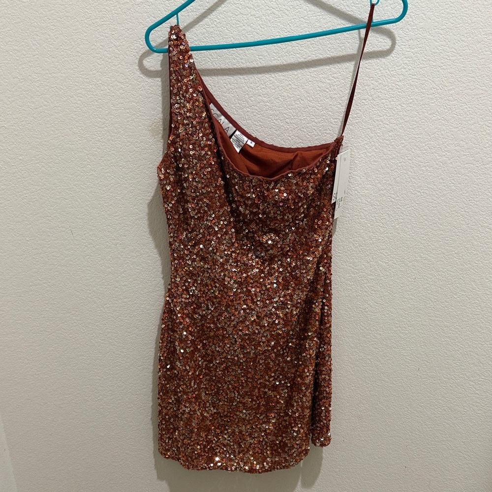 Scala Sequin One-Shoulder Dress in Bronze